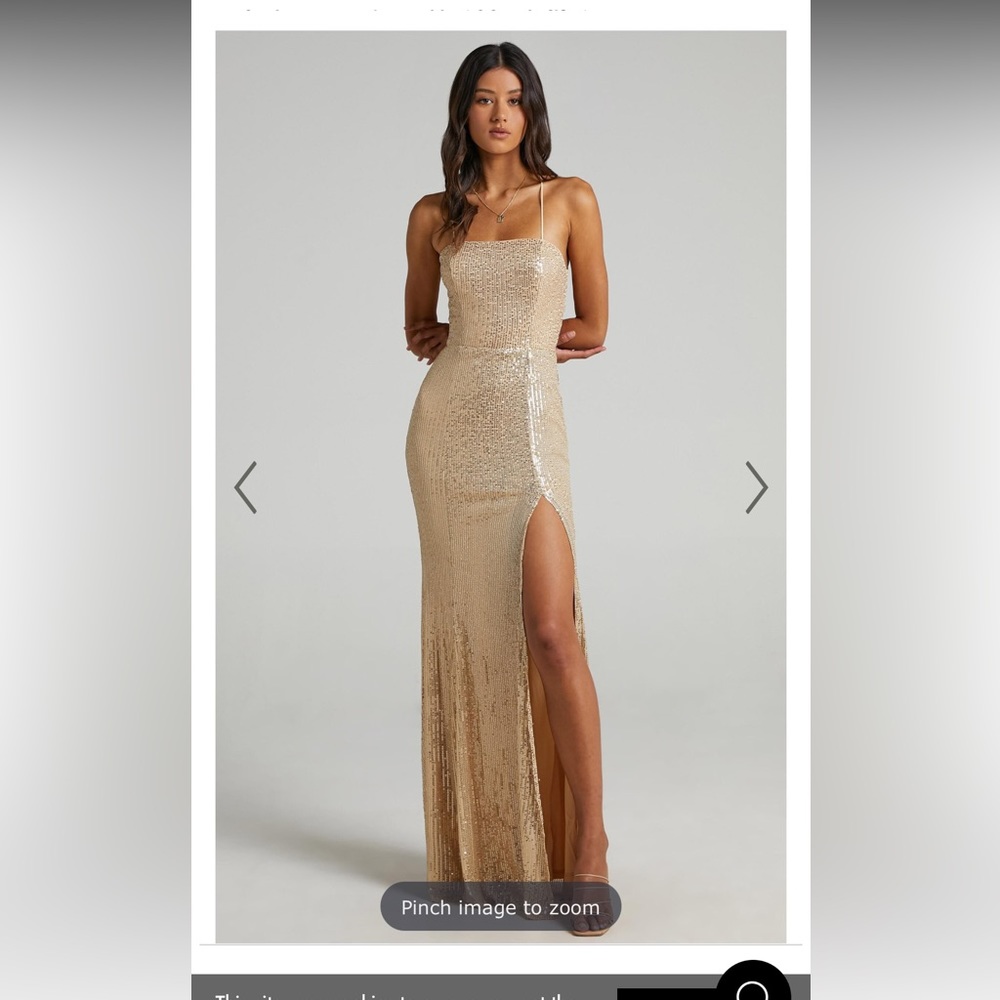 Size xs MAGIC HOUR MAXI DRESS - THIGH SPLIT TIE BACK DRESS IN GOLD SEQUIN